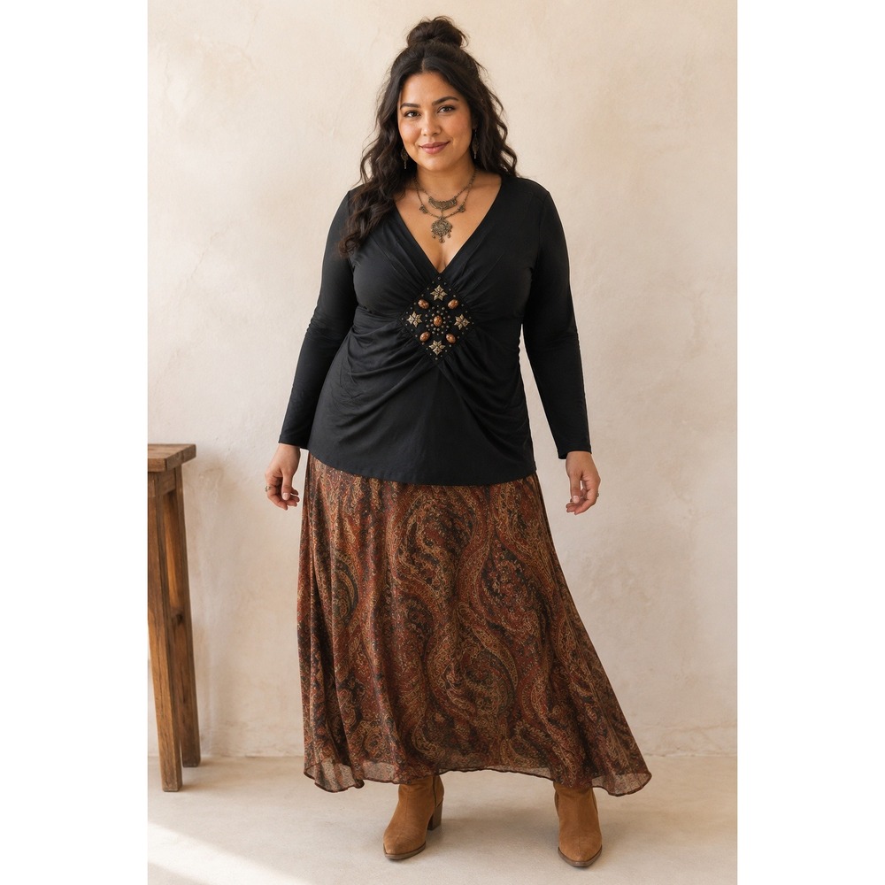 Boho Whimsigoth Minimalist Soft Black Beaded V-Neck Long Sleeve Ruched XL Top
